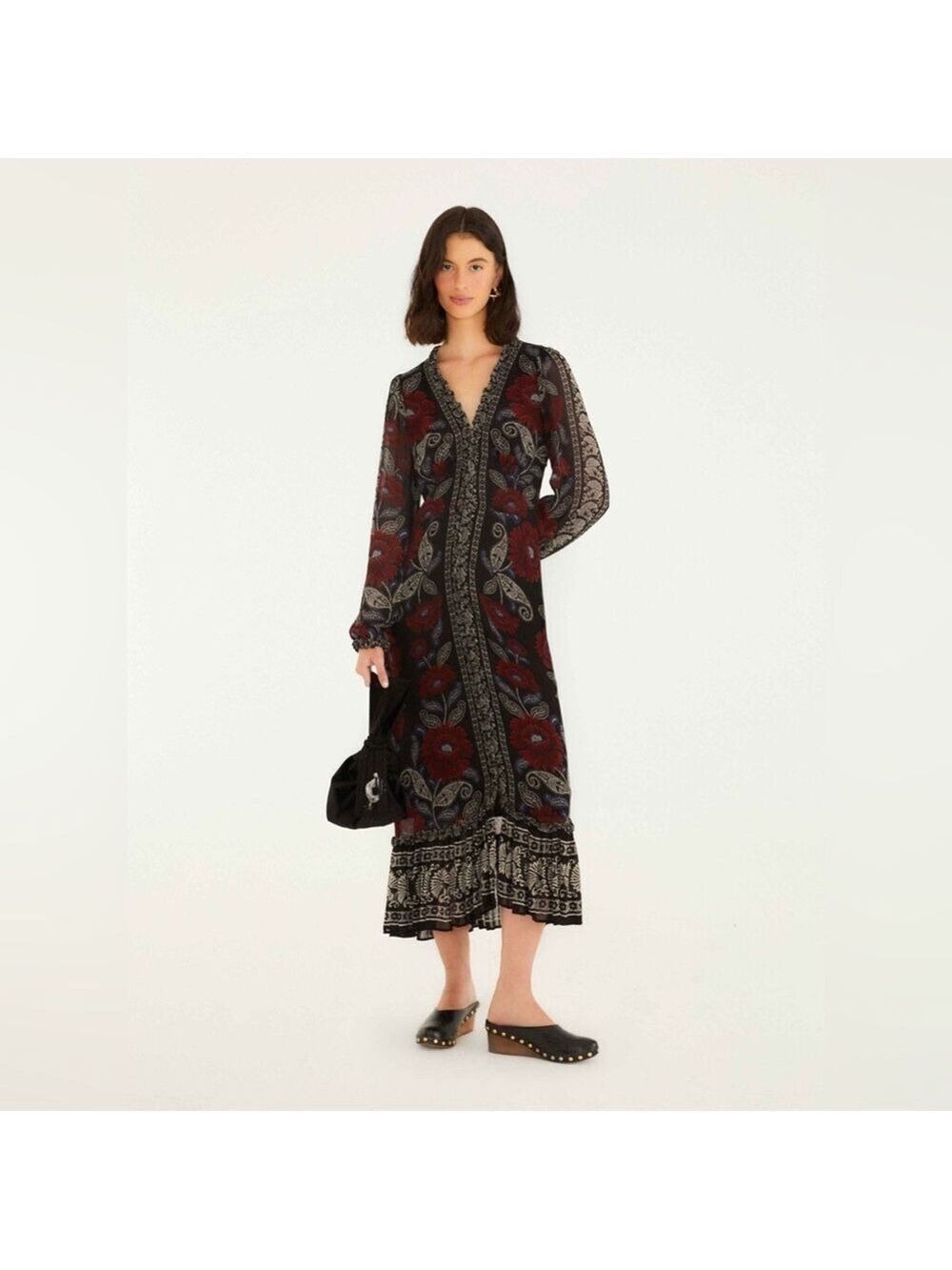 Farm Rio Black Valentina Ruffled Long Sleeve Midi Dress